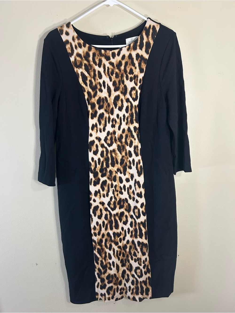 Chico’s So Slimming Size 10 Medium Sheath Dress Leopard Panel Black Career
